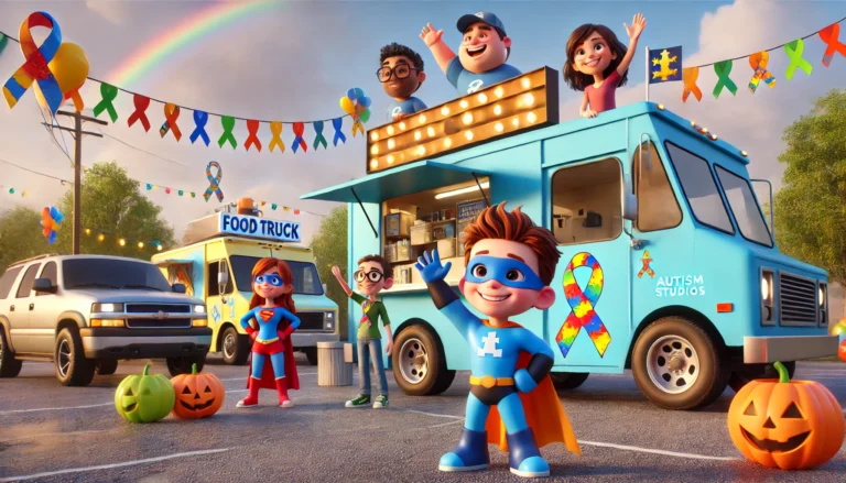 DALL·E 2024-10-09 13.04.17 - A 3D rendered, photorealistic image featuring cartoon-style superhero kids, similar to Pixar Studios characters, happily waving. They are in front of